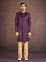 Wine jacquard Indo western set with embroidered detailing
