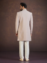 Light brown jacquard indo western set with stone work