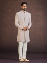 Light brown jacquard indo western set with stone work