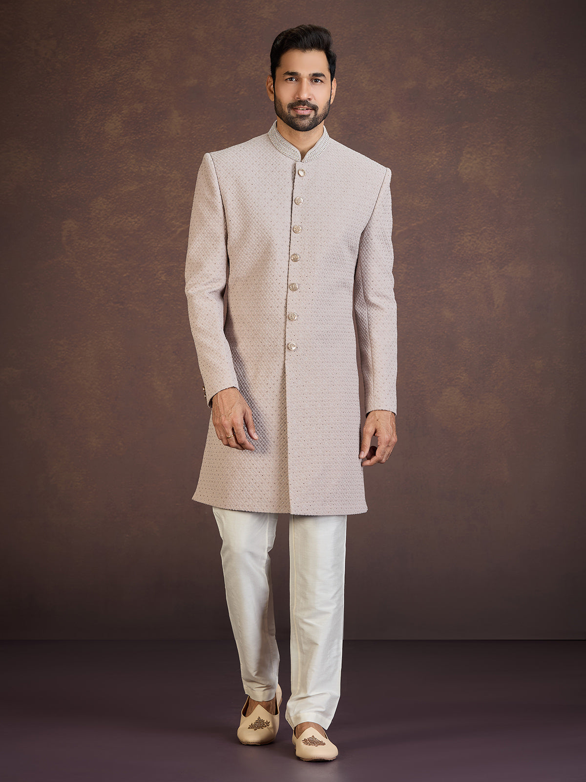 Light brown jacquard indo western set with stone work