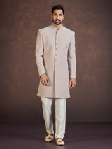 Light brown jacquard indo western set with stone work