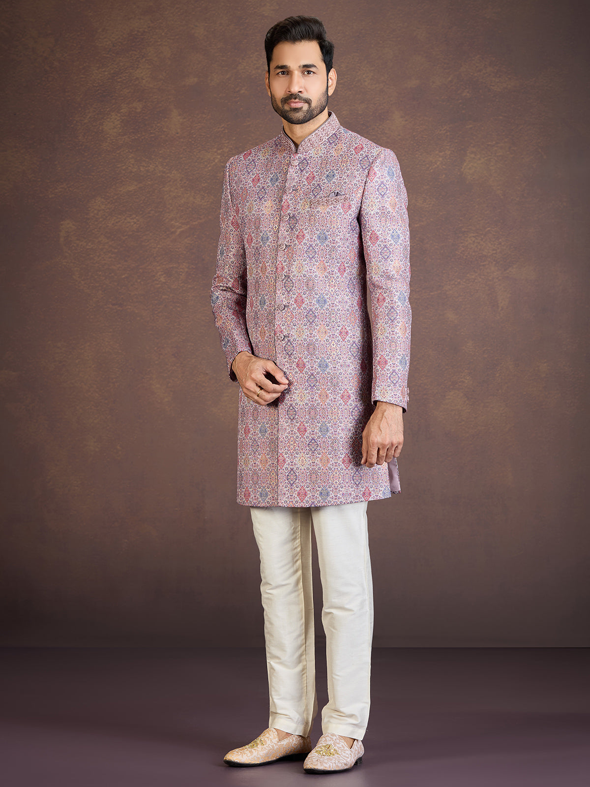 Multicolour jacquard indo western set with embellished embroidery