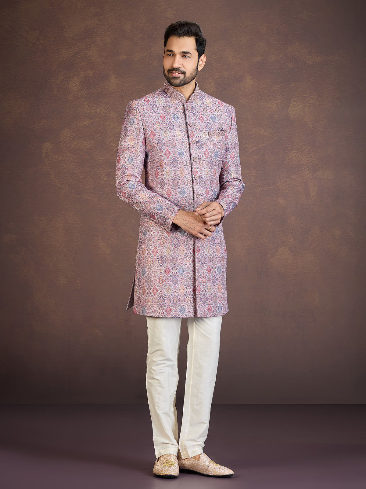 Multicolour jacquard indo western set with embellished embroidery