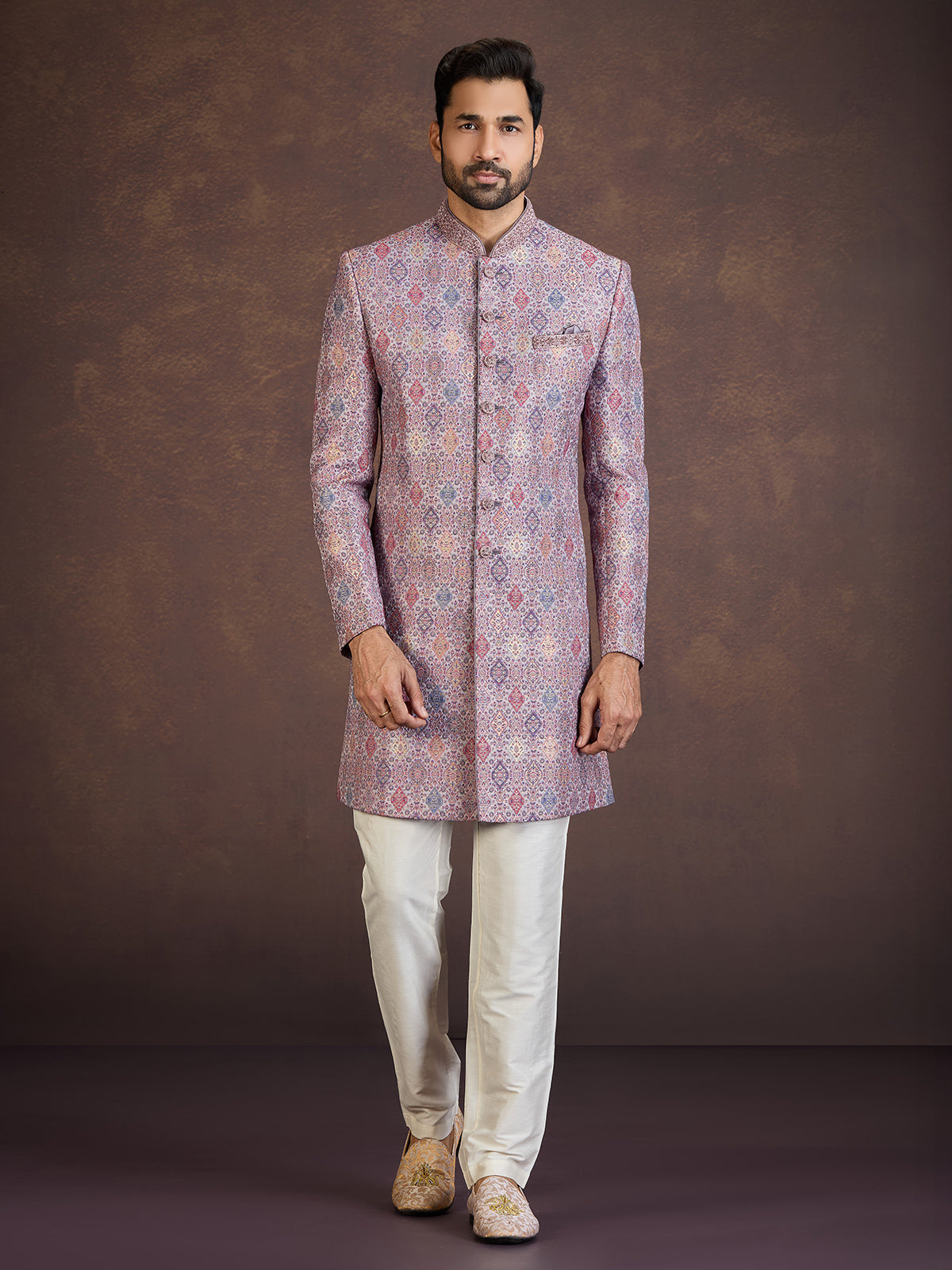 Multicolour jacquard indo western set with embellished embroidery