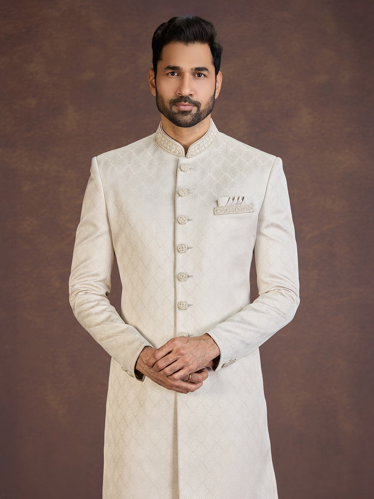 Beige jacquard Indo western set with elegant embellishment work