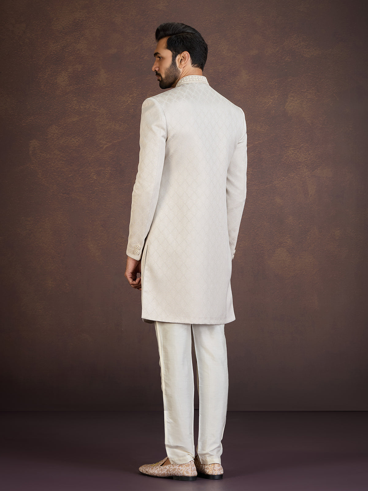 Beige jacquard Indo western set with elegant embellishment work