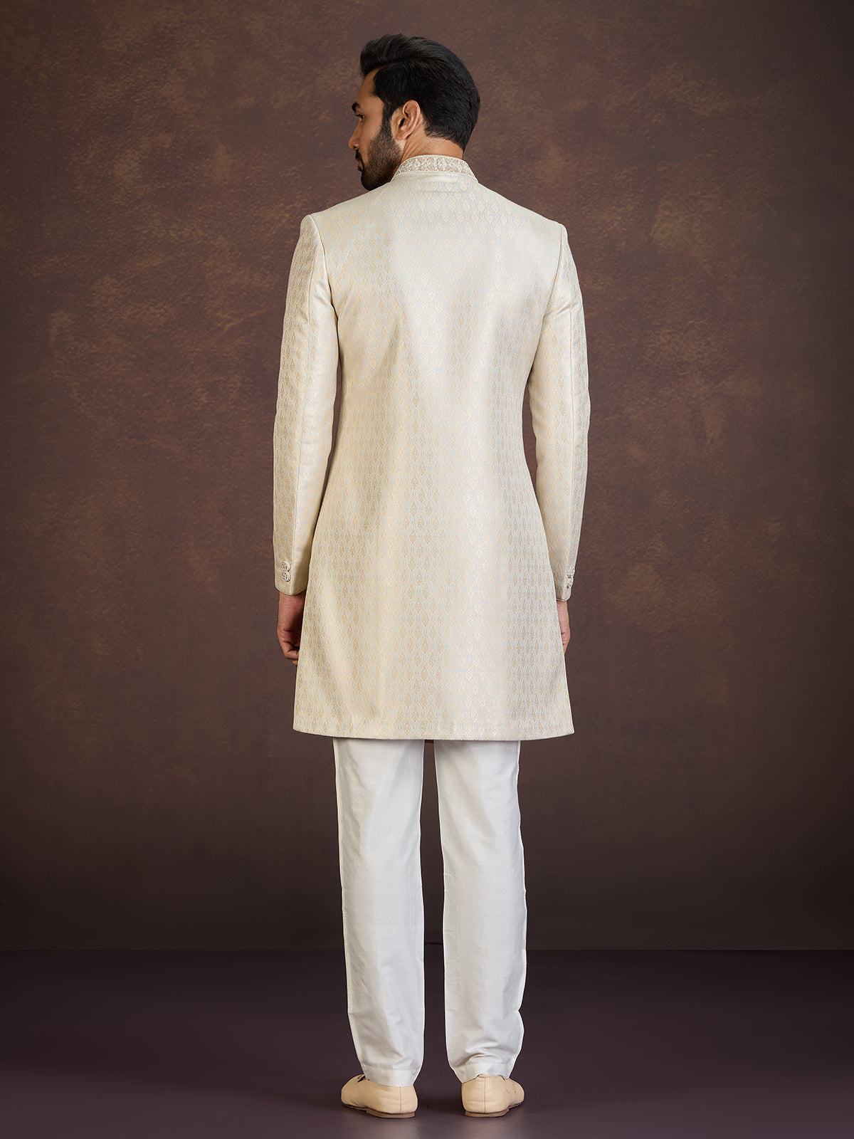 Cream Banarasi jacquard brocade Indo western set for celebrations