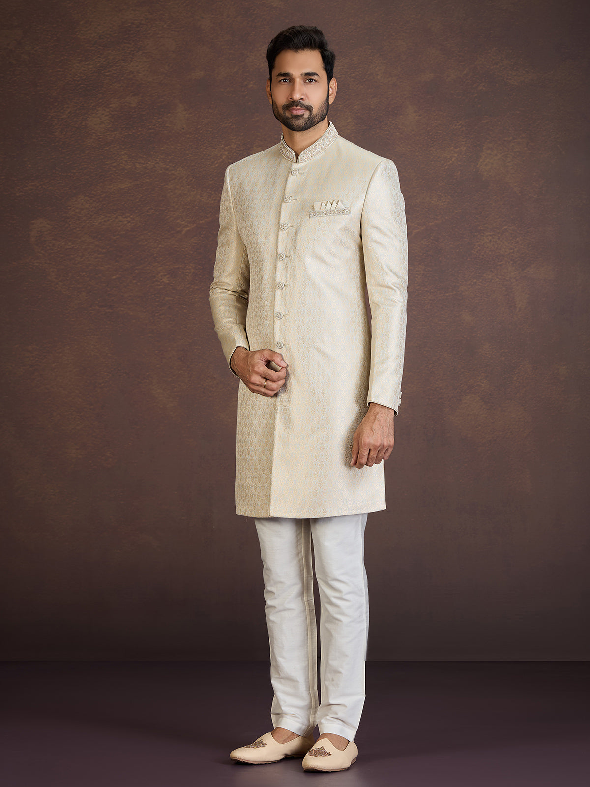 Cream Banarasi jacquard brocade Indo western set for celebrations