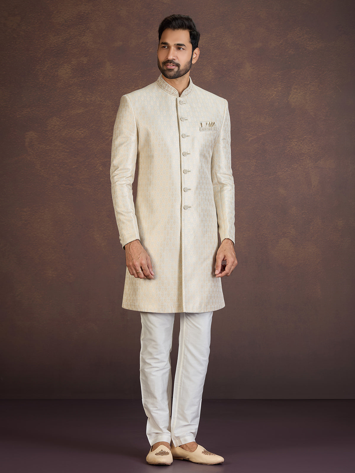Cream Banarasi jacquard brocade Indo western set for celebrations