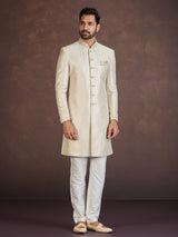Cream Banarasi jacquard brocade Indo western set for celebrations