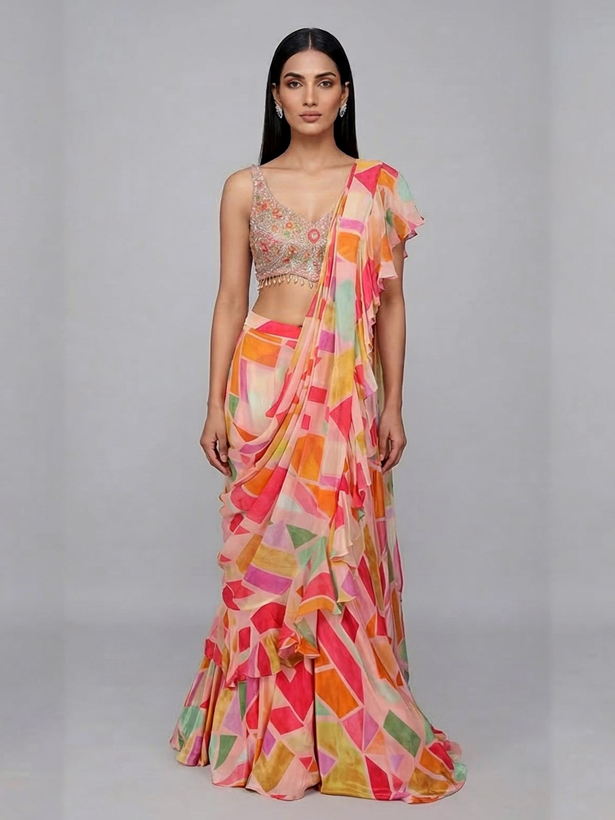 Peach chiffon silk printed ready to wear party saree