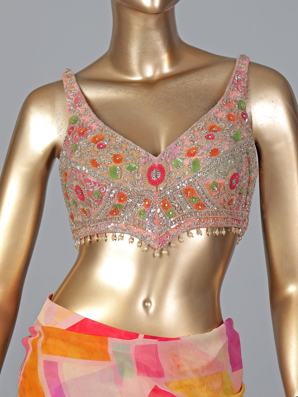 Peach chiffon silk printed ready to wear party saree