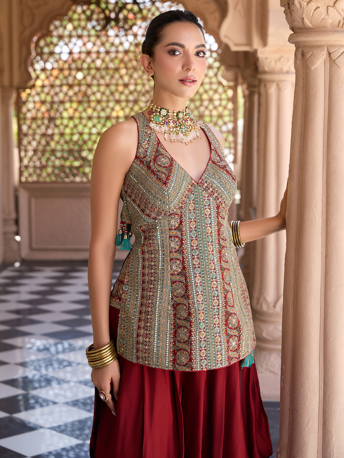 Maroon elegant silk dhoti suit for women wedding wear