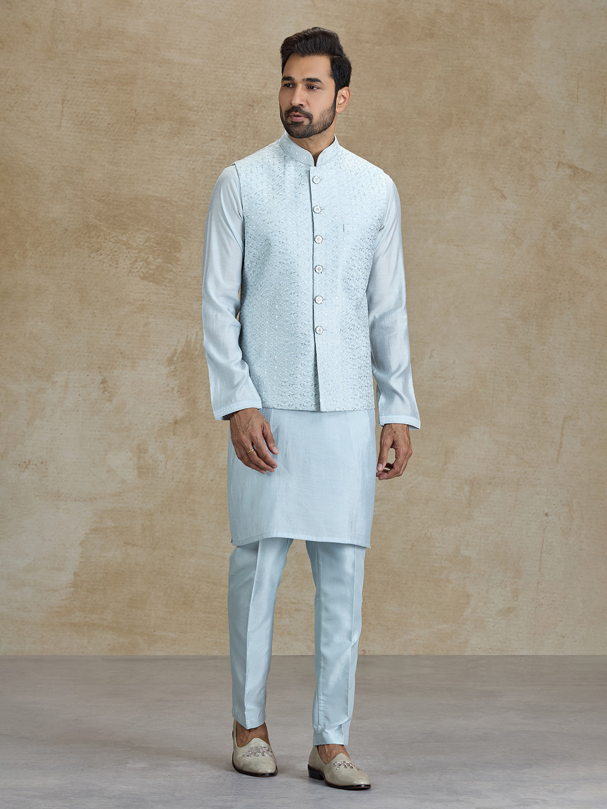 Light grey silk embroidered weaving waistcoat set