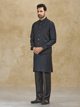 Black silk embroidered waistcoat set for men