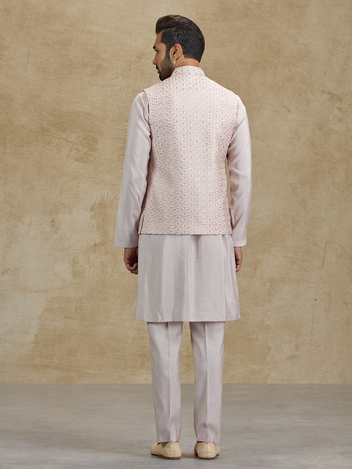 Light peach silk embroidered waistcoat set