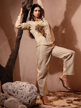 Beige linen co ord set with cutwork