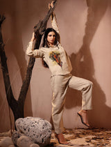 Beige linen co ord set with cutwork