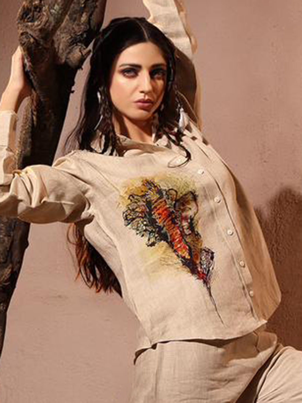 Beige linen co ord set with cutwork