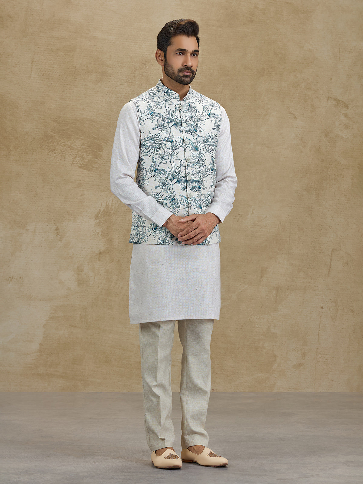 Off white and blue floral printed silk waistcoat set