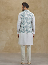 Off white and blue floral printed silk waistcoat set