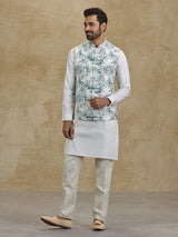 Off white and blue floral printed silk waistcoat set