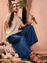 Beige and blue linen co ord set for women