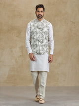 Off white and olive floral printed silk waistcoat set