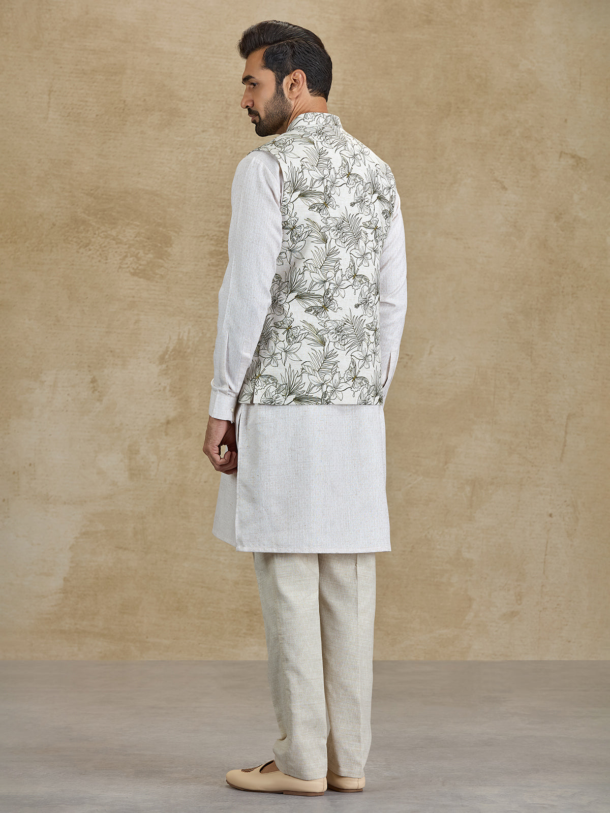 Off white and olive floral printed silk waistcoat set