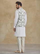 Off white and olive floral printed silk waistcoat set