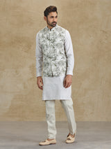 Off white and olive floral printed silk waistcoat set