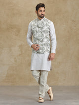 Off white and olive floral printed silk waistcoat set