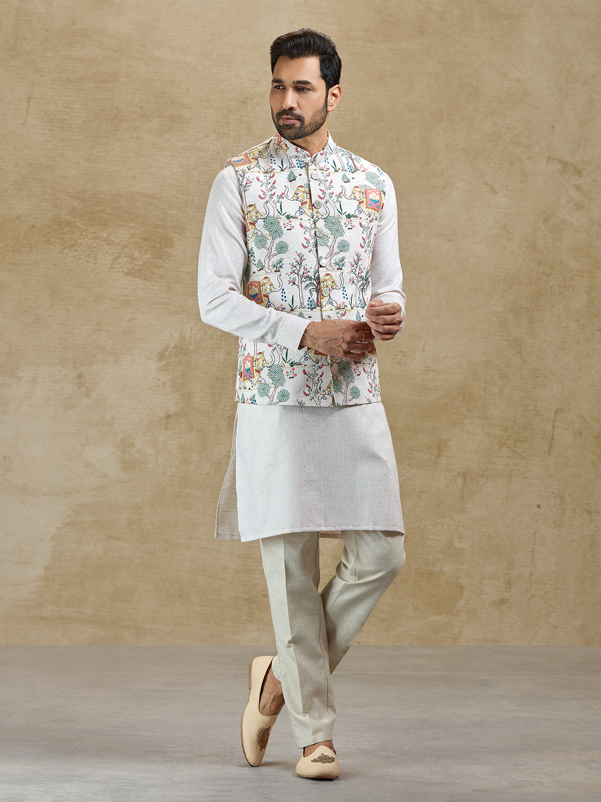 Cream printed silk waistcoat set festive ethnic wear