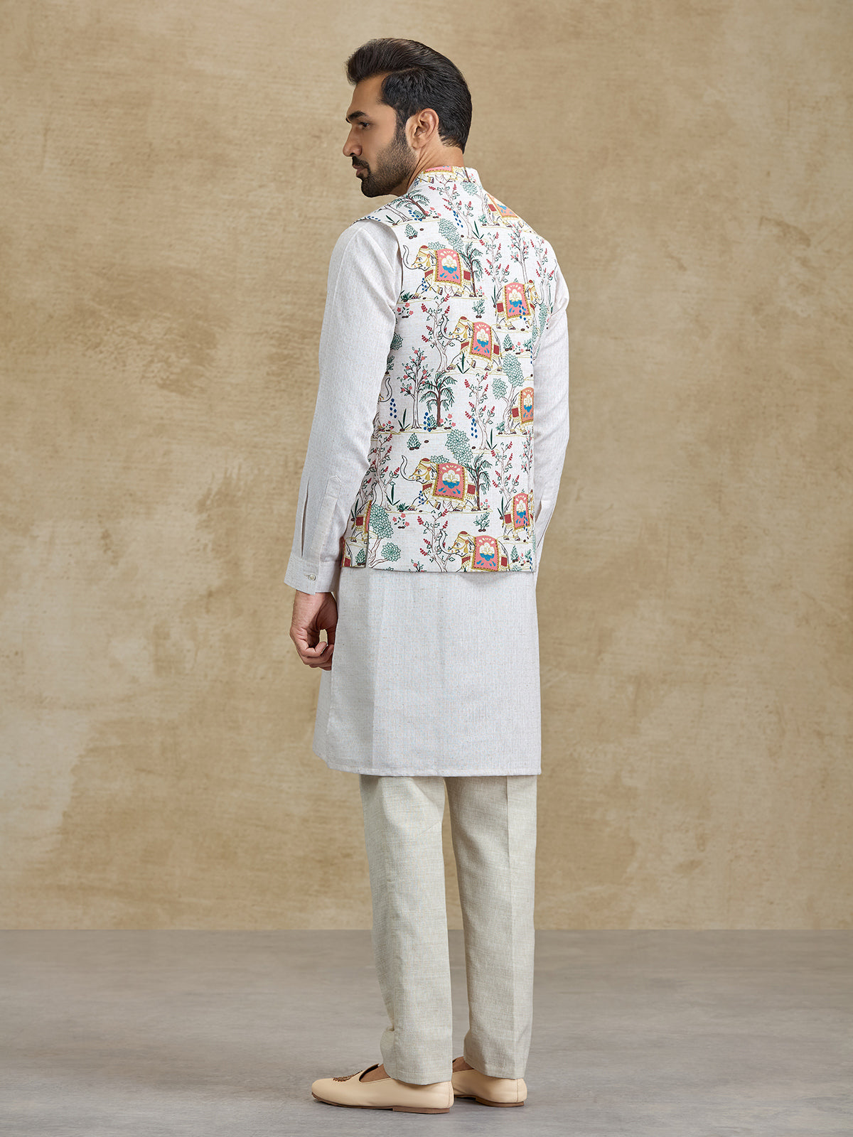 Cream printed silk waistcoat set festive ethnic wear