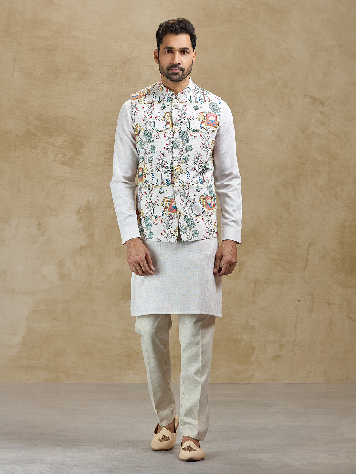 Cream printed silk waistcoat set festive ethnic wear