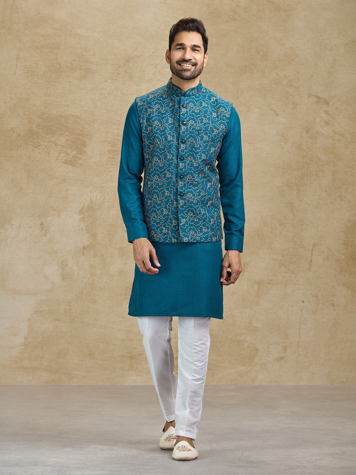 Rama green woven jacquard silk waistcoat set