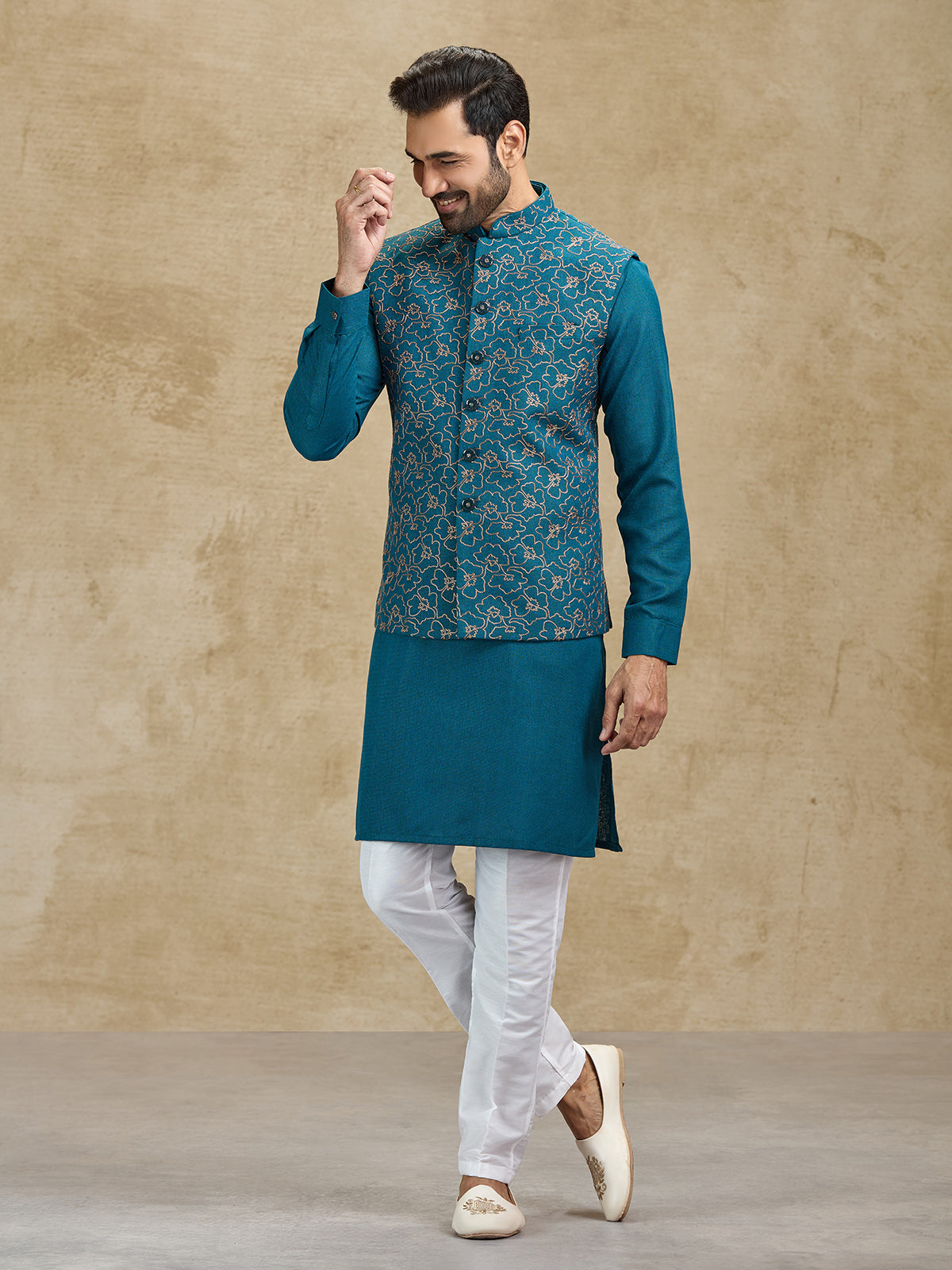 Rama green woven jacquard silk waistcoat set