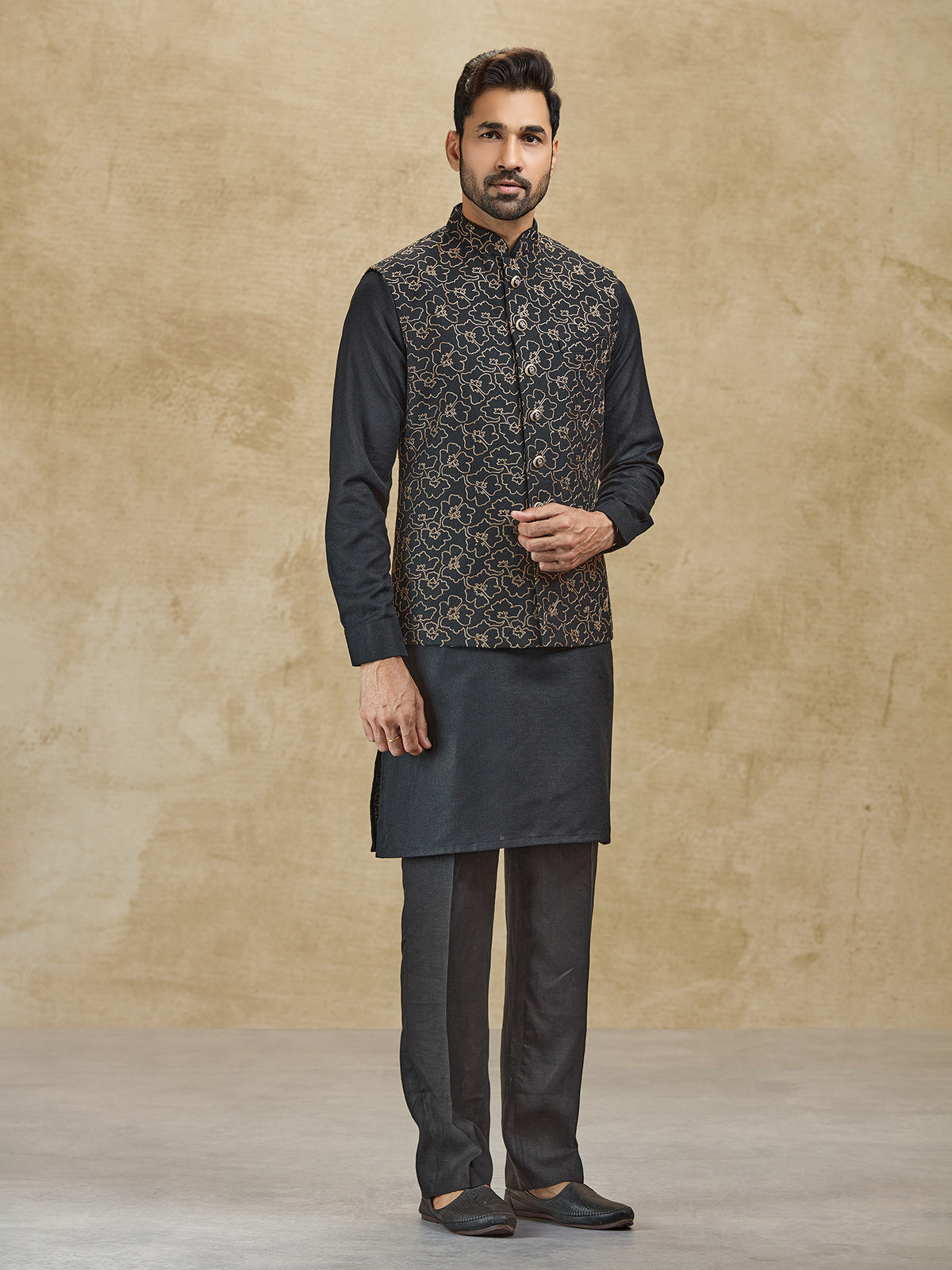Black jacquard woven silk waistcoat set for men