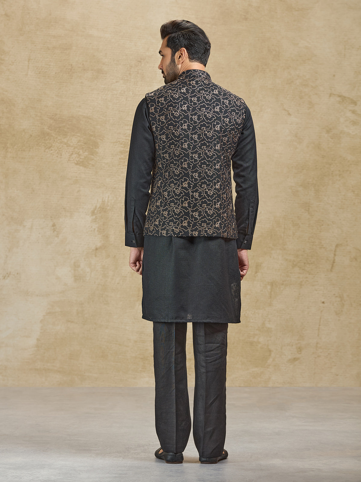 Black jacquard woven silk waistcoat set for men