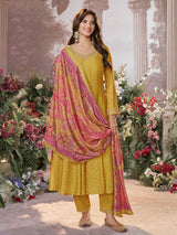 Yellow cotton silk anarkali suit with printed dupatta