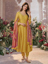 Yellow cotton silk anarkali suit with printed dupatta