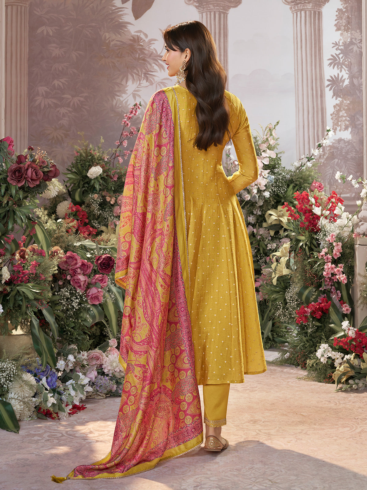 Yellow cotton silk anarkali suit with printed dupatta