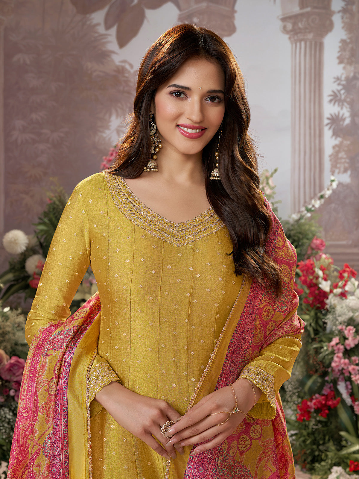 Yellow cotton silk anarkali suit with printed dupatta