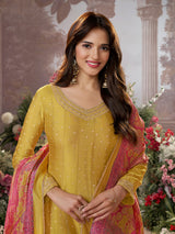 Yellow cotton silk anarkali suit with printed dupatta