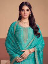 Aqua blue silk salwar suit with zari detailing