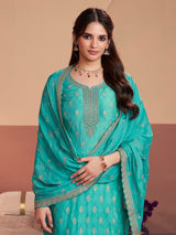 Aqua blue silk salwar suit with zari detailing