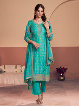 Aqua blue silk salwar suit with zari detailing