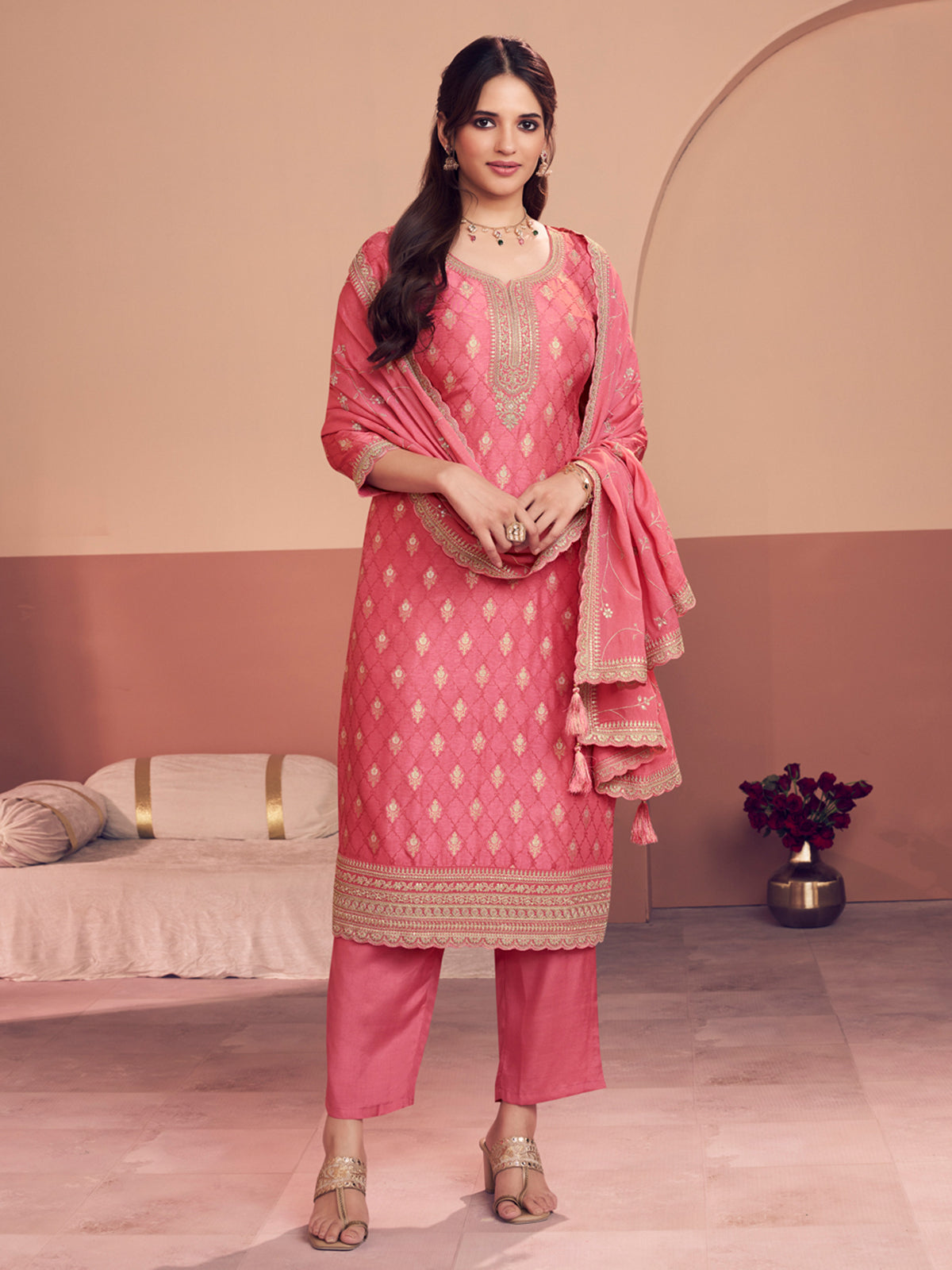 Peach festive wear silk salwar suit for women