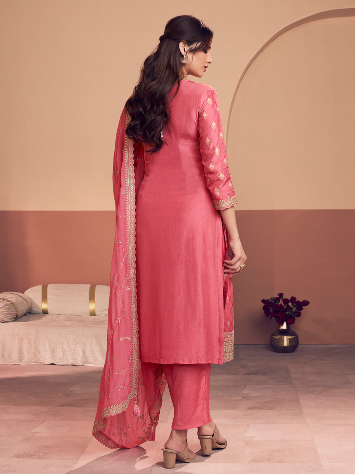 Peach festive wear silk salwar suit for women
