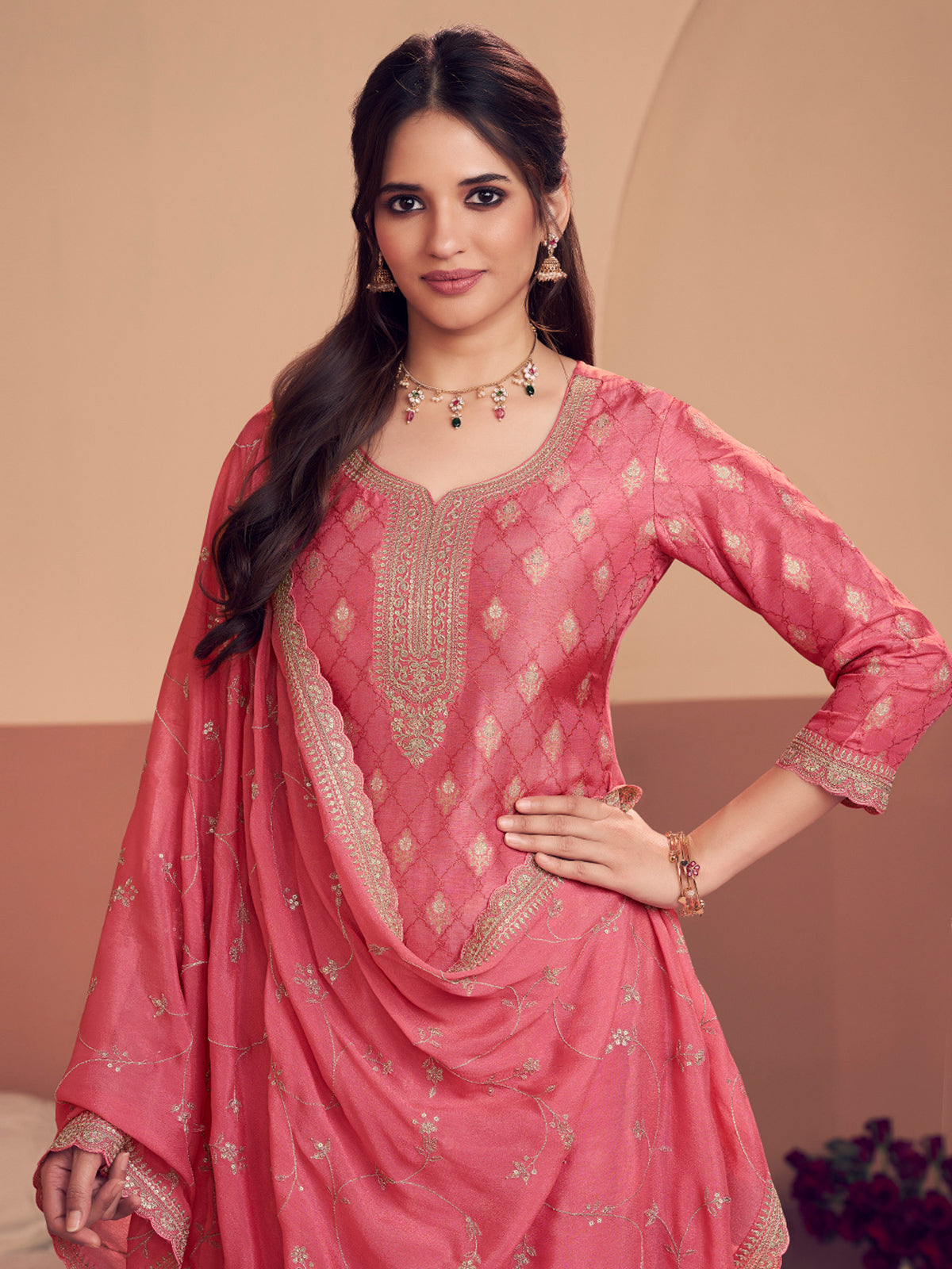 Peach festive wear silk salwar suit for women